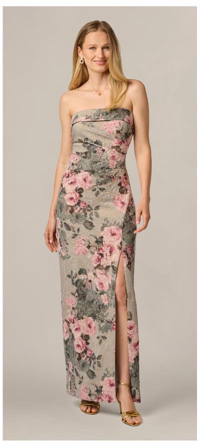 Strapless Floral Matelasse Column Gown In Slate Blush Multi