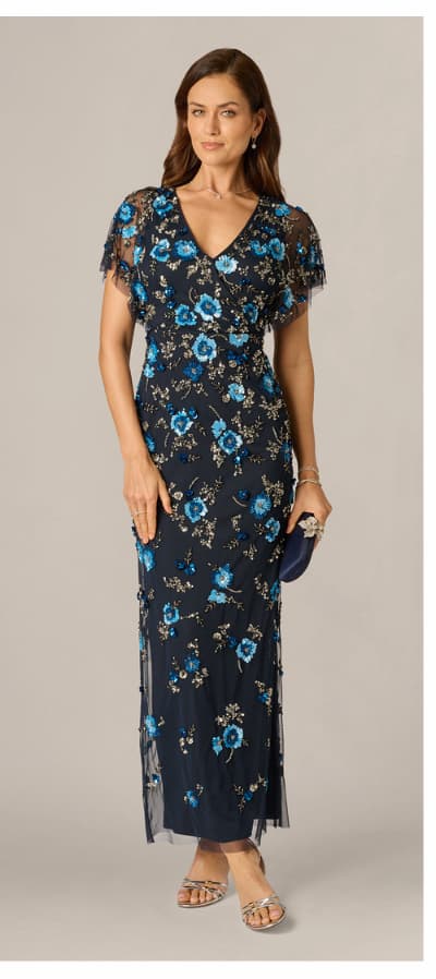 Flutter Sleeve Floral Beaded Column Gown In Midnight Multi