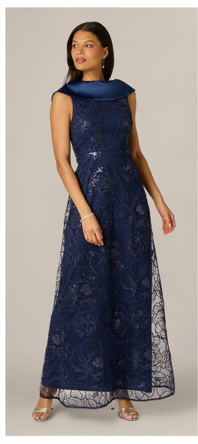 Floral Embroidered Satin Roll Collar Gown In Midnight