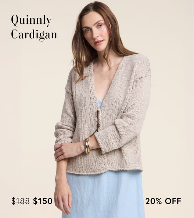 Image shows a model wearing the Quinnly Cardigan in Stone.