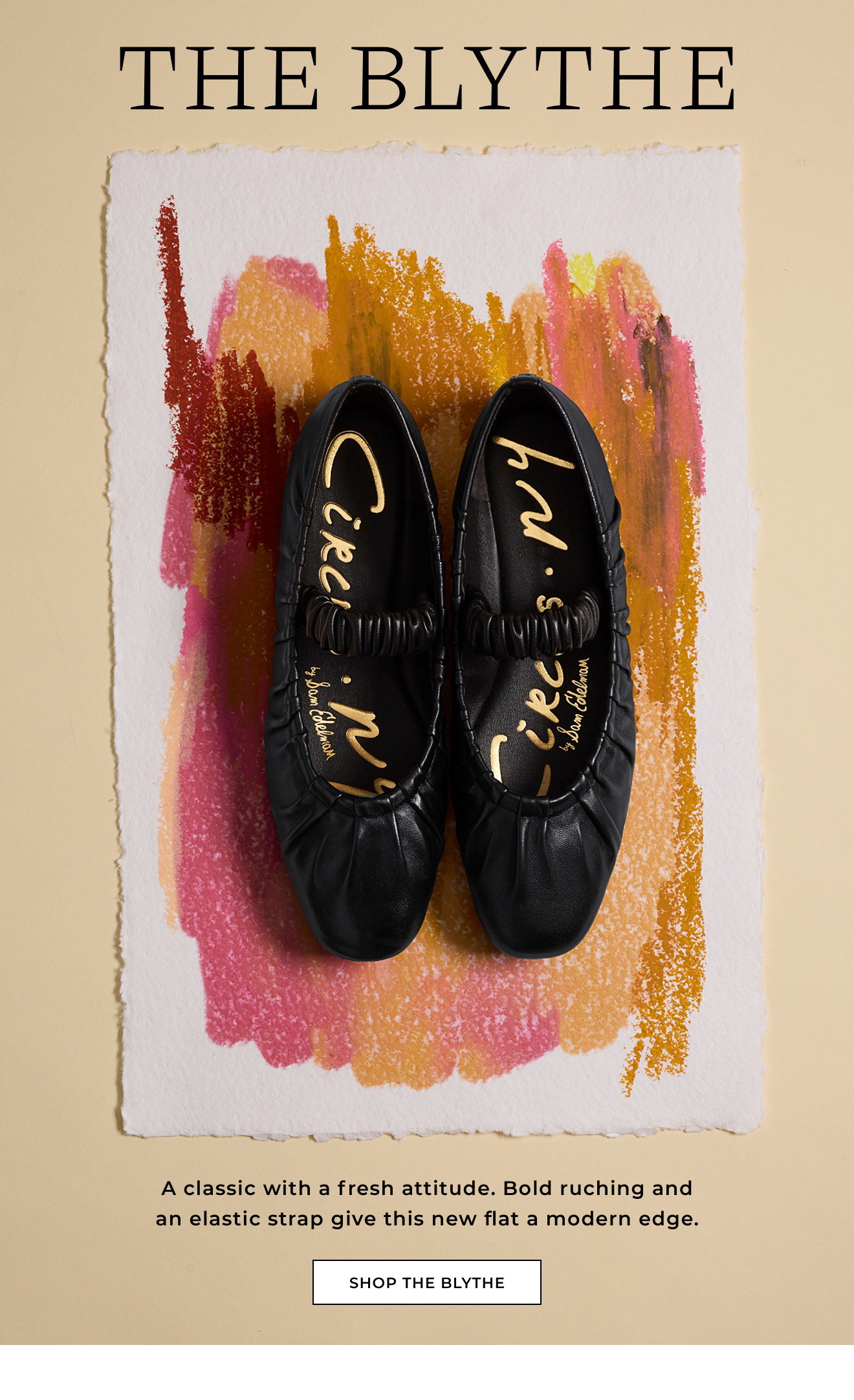 THE BLYTHE | A classic with a fresh attitude. Bold ruching and an elastic strap give this new flat a modern edge. | Shop the Blythe