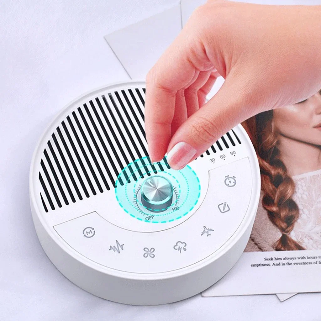 Hand adjusting a white smart home device with illuminated control dial and function icons for DreamTech Smart Living