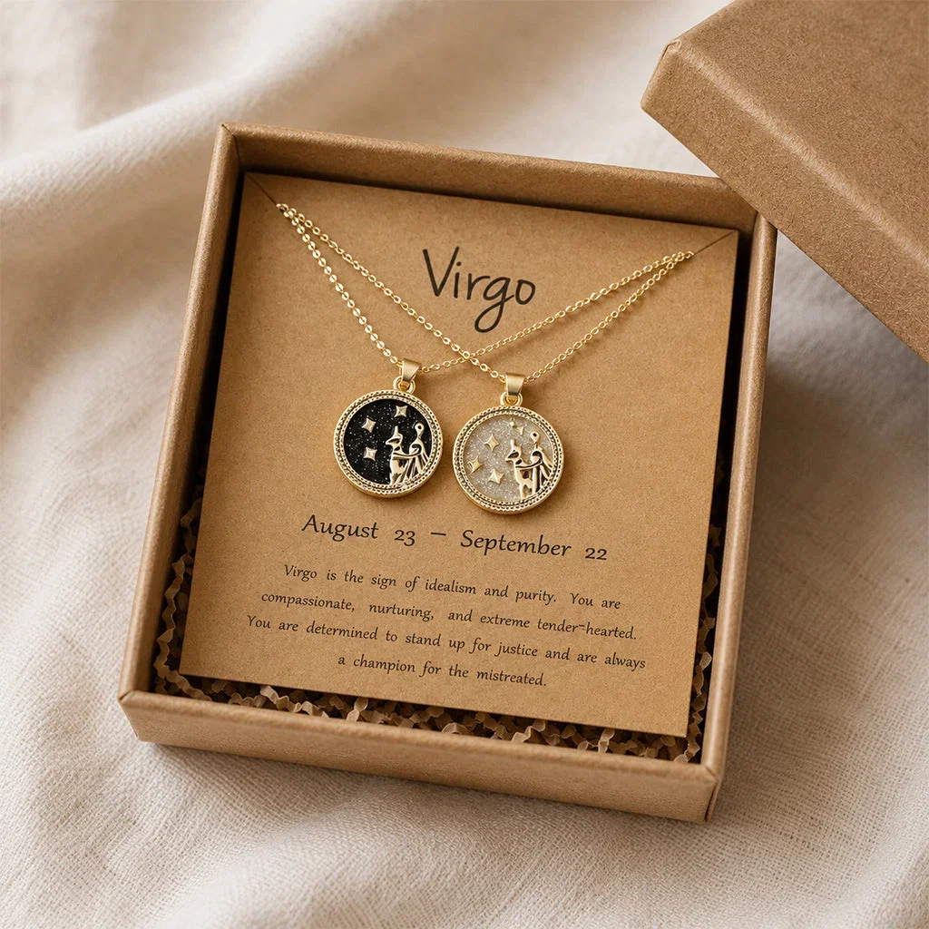 Virgo zodiac necklace set in gold with dual pendant charms in kraft gift box with description card.