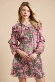 Green Floral Patchwork Frill Yoke Printed Chiffon Mini Dress