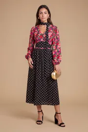 Petite Print Mix Long Sleeve Tie Detail Maxi Dress