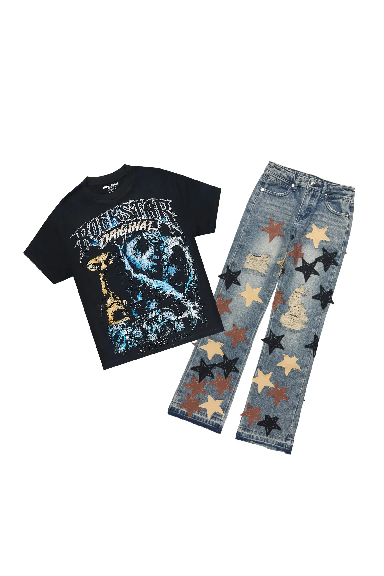Image of Boys Kordell Black/Tint T-Shirt Stacked Patch Jean Set