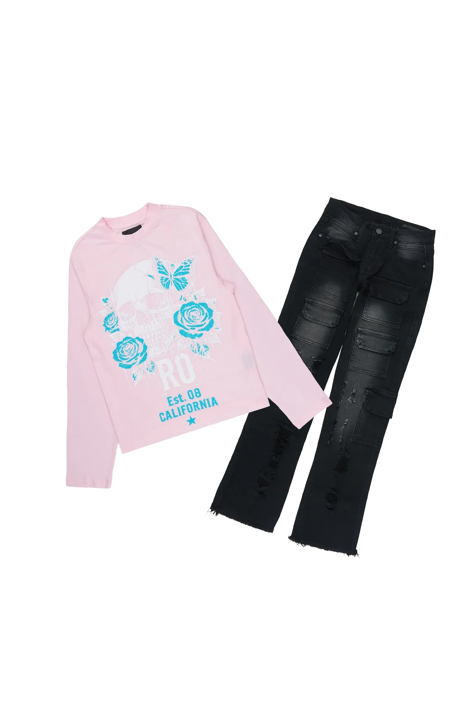 Image of Girls Marsy Light Pink/Black Long Sleeve T-Shirt Stacked Jean Set