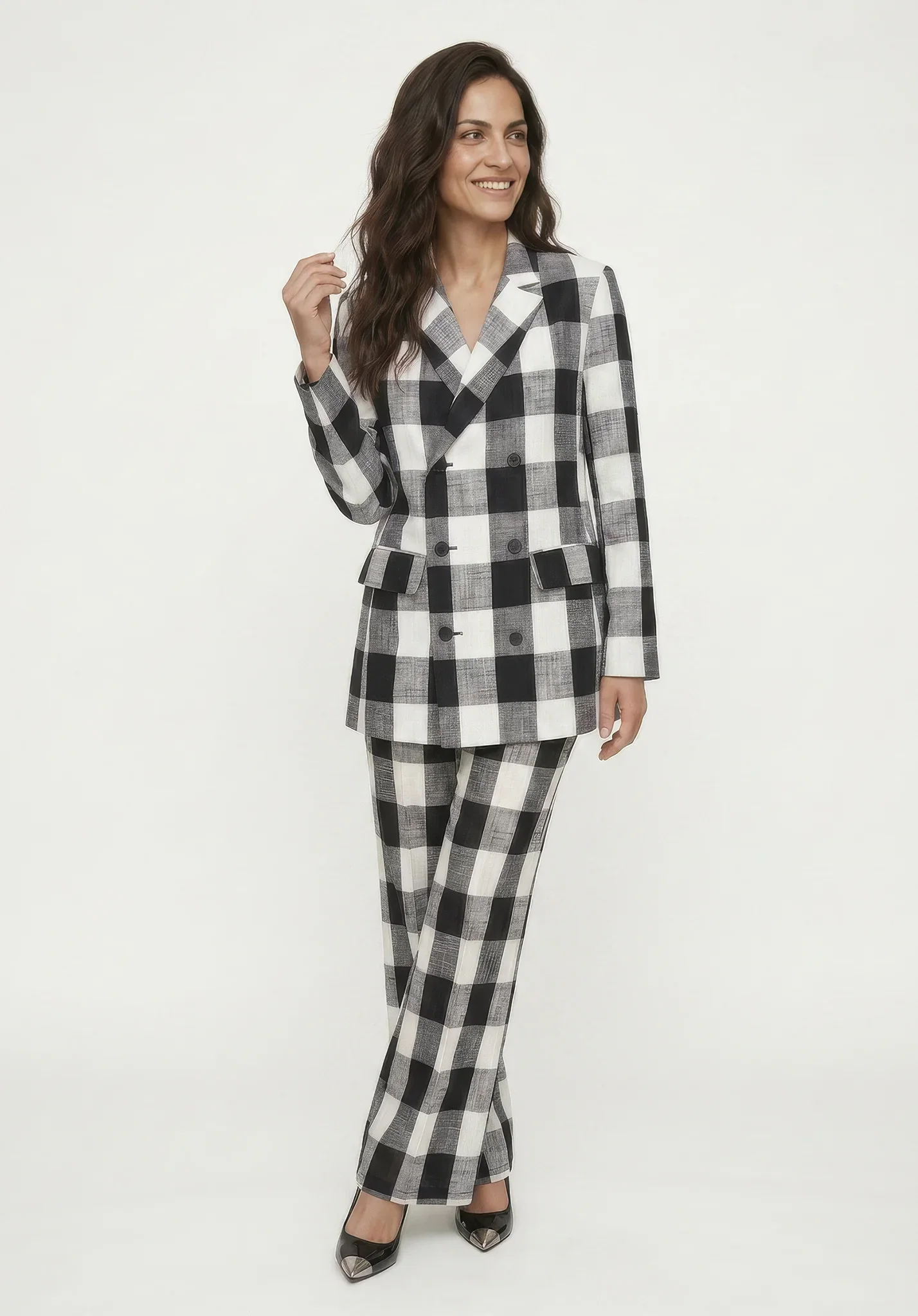 Image of Zena Double Breasted Check Jacket in Black and White