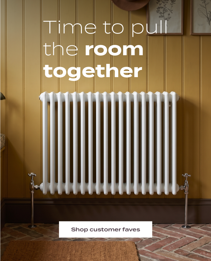 White column radiator against a mustard-yellow panelled wall with the text "Time to pull the room together" and a "Shop customer faves" button.