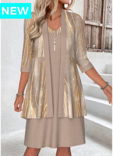 Light Camel Tummy Coverage Marble Print Dress and Cardigan