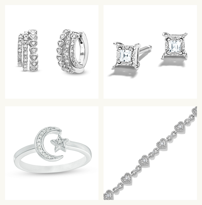 4-grid layout of unique silver-set jewelry with diamond accents, including ring, heart-bracelet, huggies & studs.
