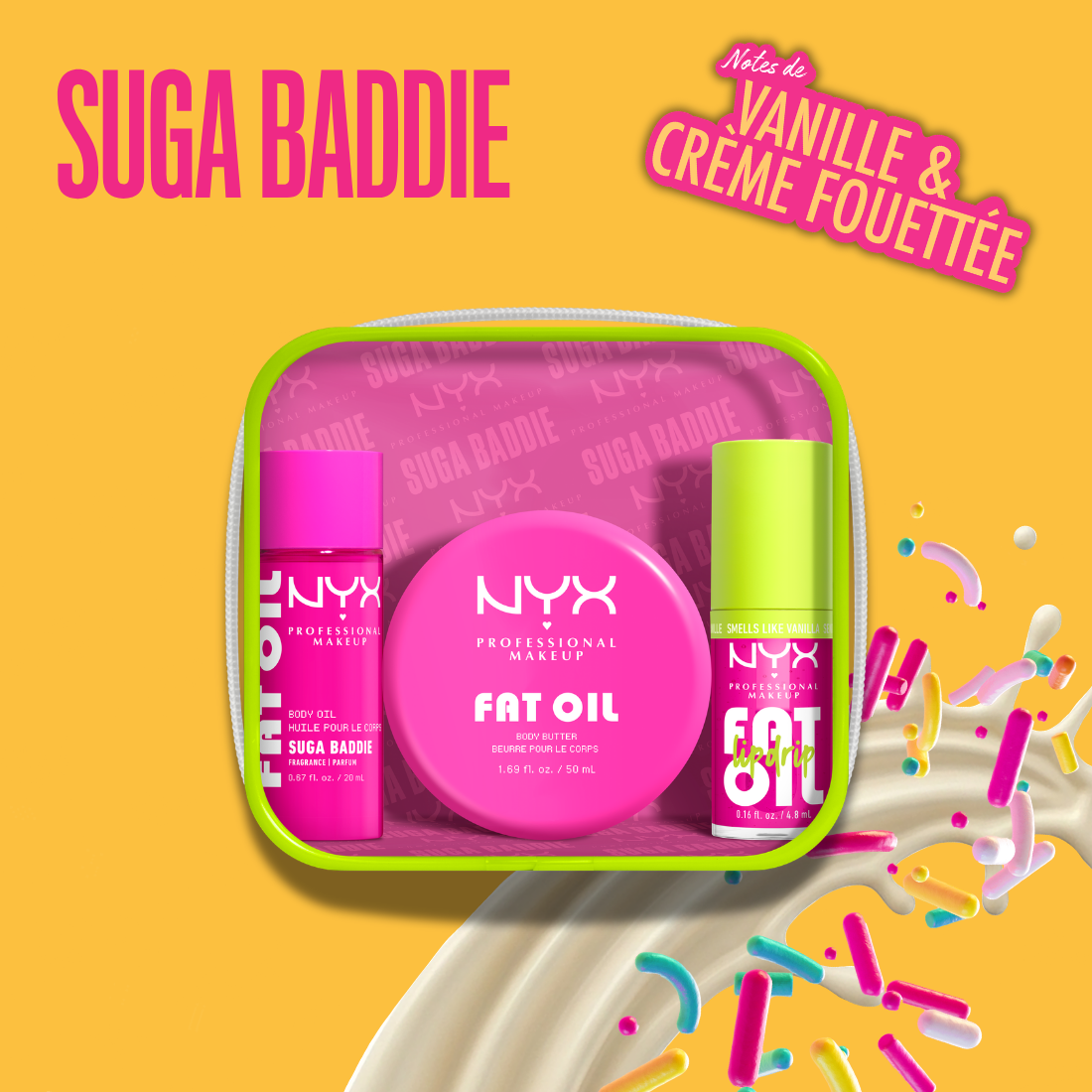  Coffret Mini à Emporter Suga Baddie aux notes de Vanille & Crème fouettée comportant une huile, un beurre corps et une huile à lèvres