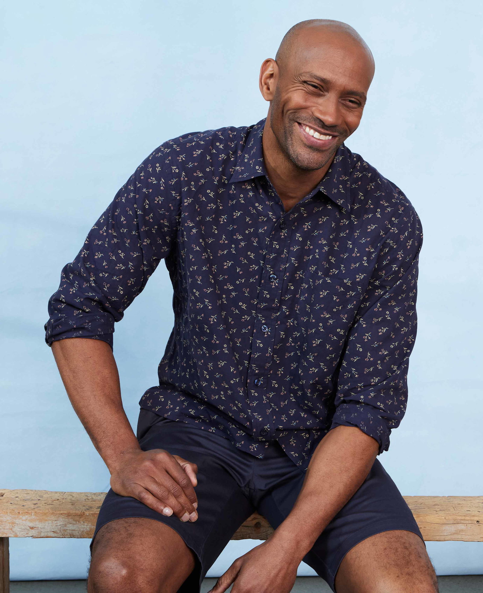 Image of Navy Stretch Cotton Classic Fit Floral Casual Shirt