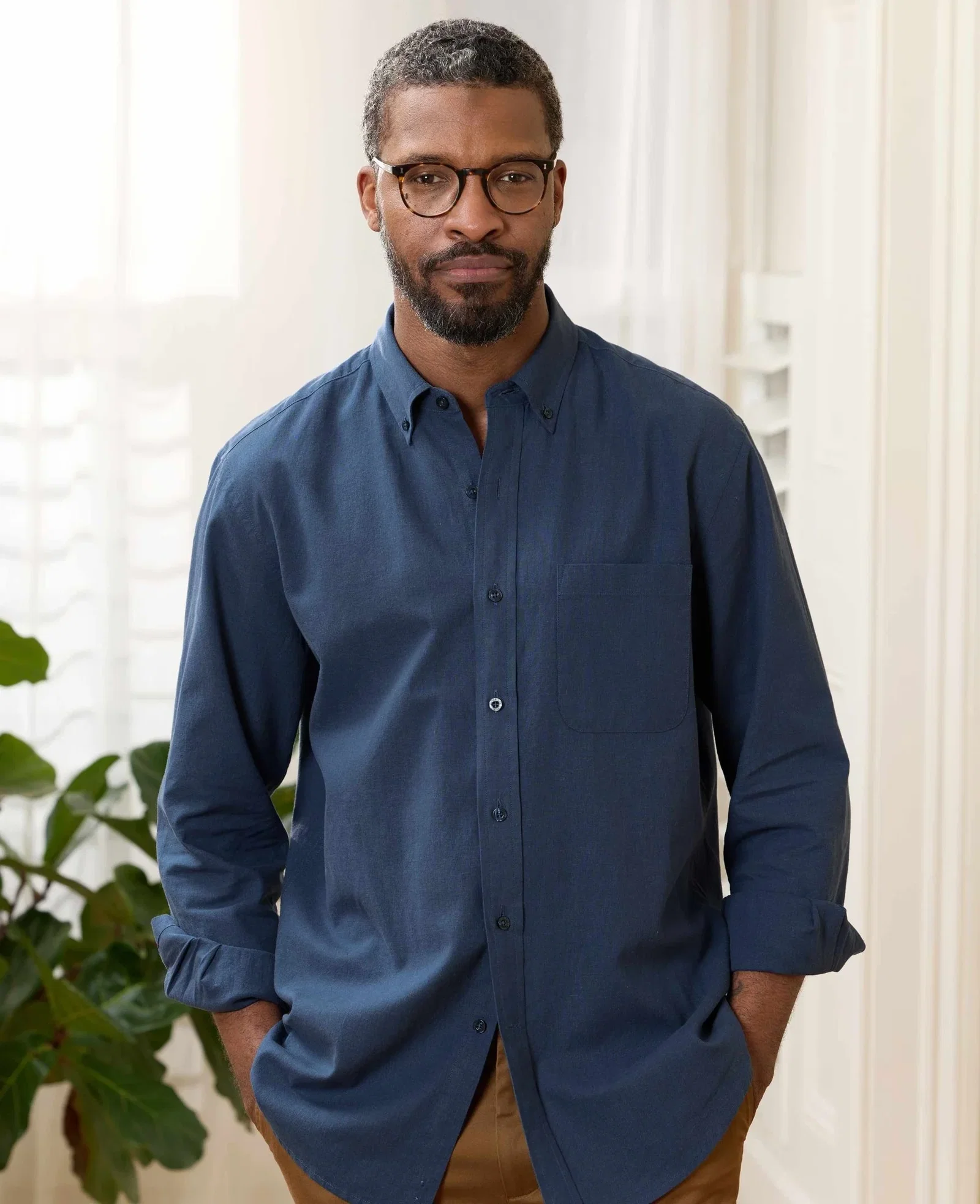 Image of Navy Linen Cotton Classic Fit Button-Down Casual Shirt