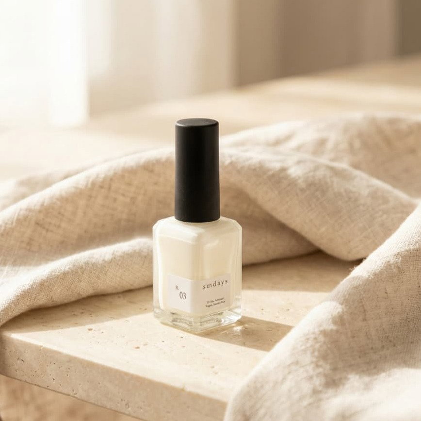 Bottle of B.03 nail polish on a stone surface draped with soft linen.