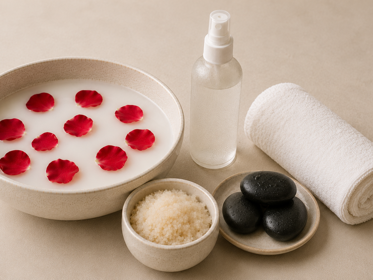 Foot soak with rose petals, exfoliating scrub, a hydrating mist, hot stones and a rolled towel for a spa treatment.