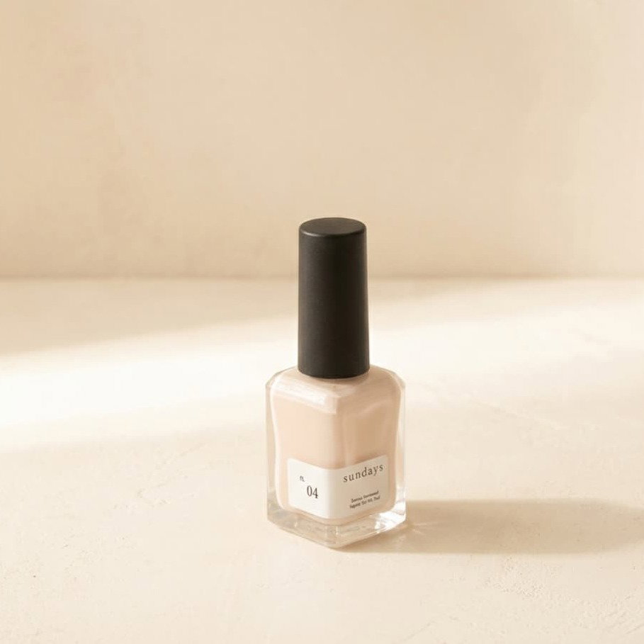 Bottle of nude beige B.04 polish on a sunlit neutral surface.