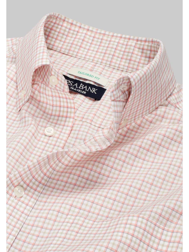 Traveler® Collection Tailored Fit Button-Down Collar Plaid Dress Shirt