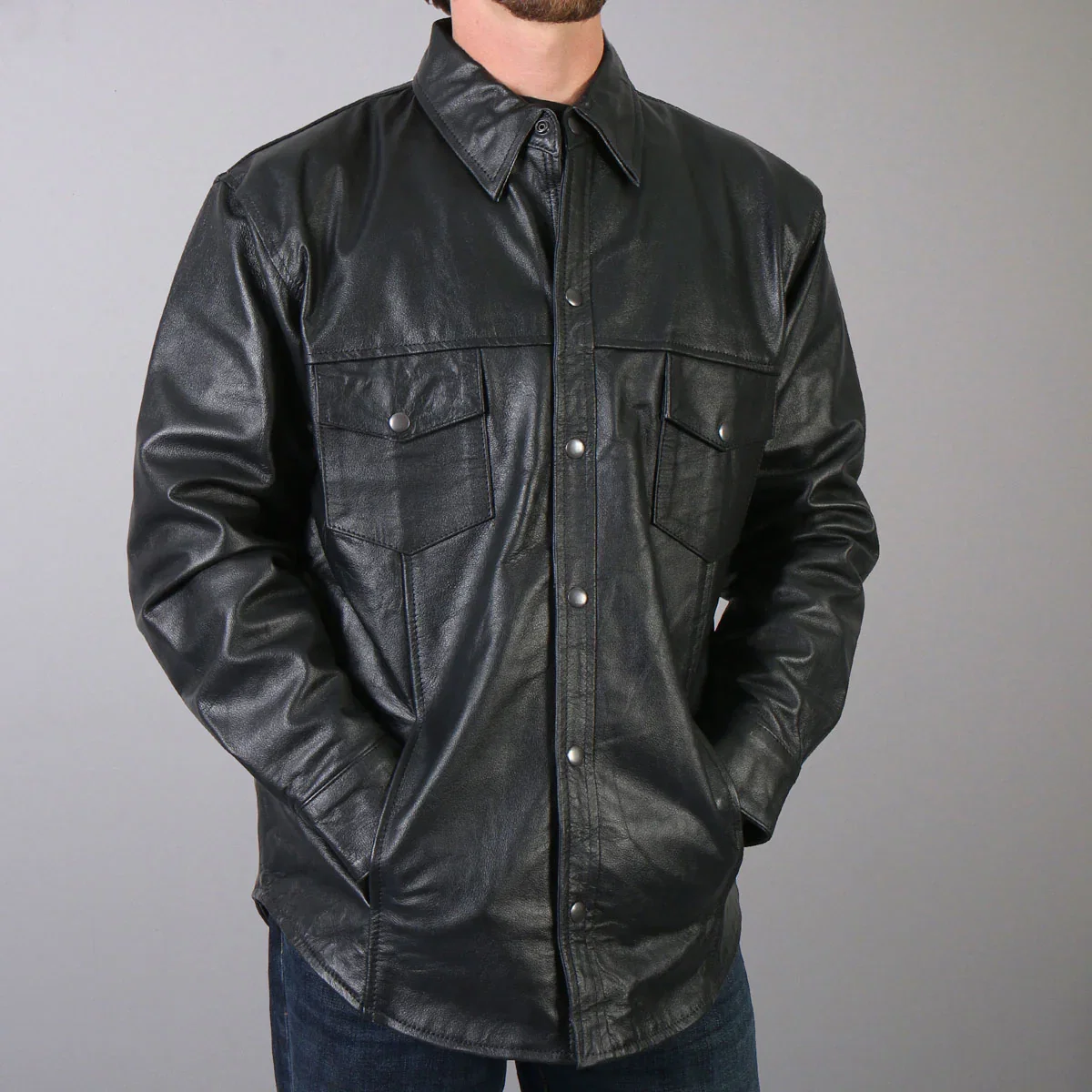 Image of Hot Leathers LCS1001 Men’s Classic Black Fashion Leather Shirt with Multiple Pockets