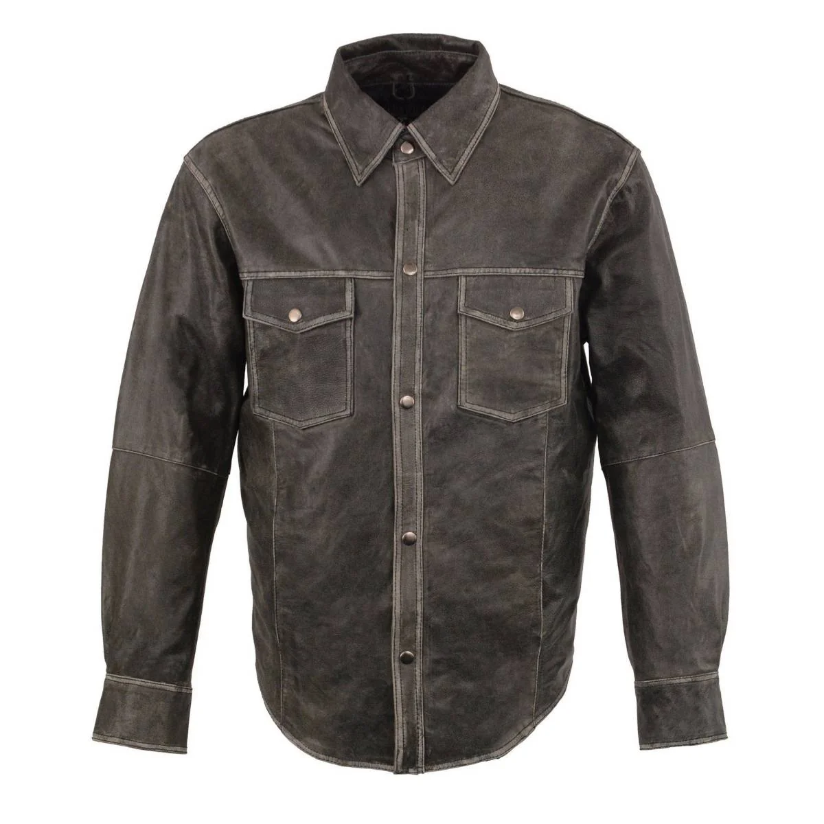 Image of Milwaukee Leather MLM1605 Men's 'Button Down' Distressed Grey Lightweight Casual Biker Leather Shirt