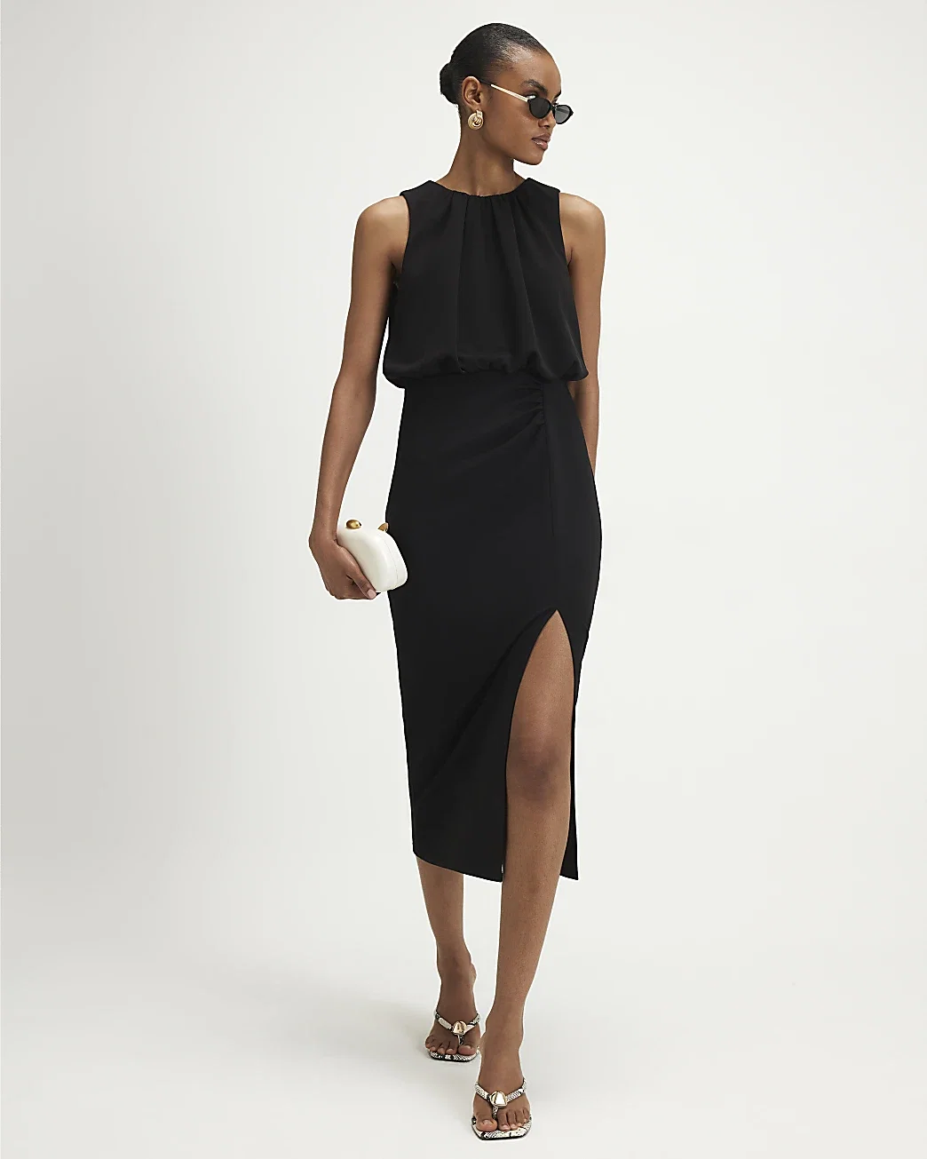 Womens Black Crew Neck Ruched Side Midi Dress