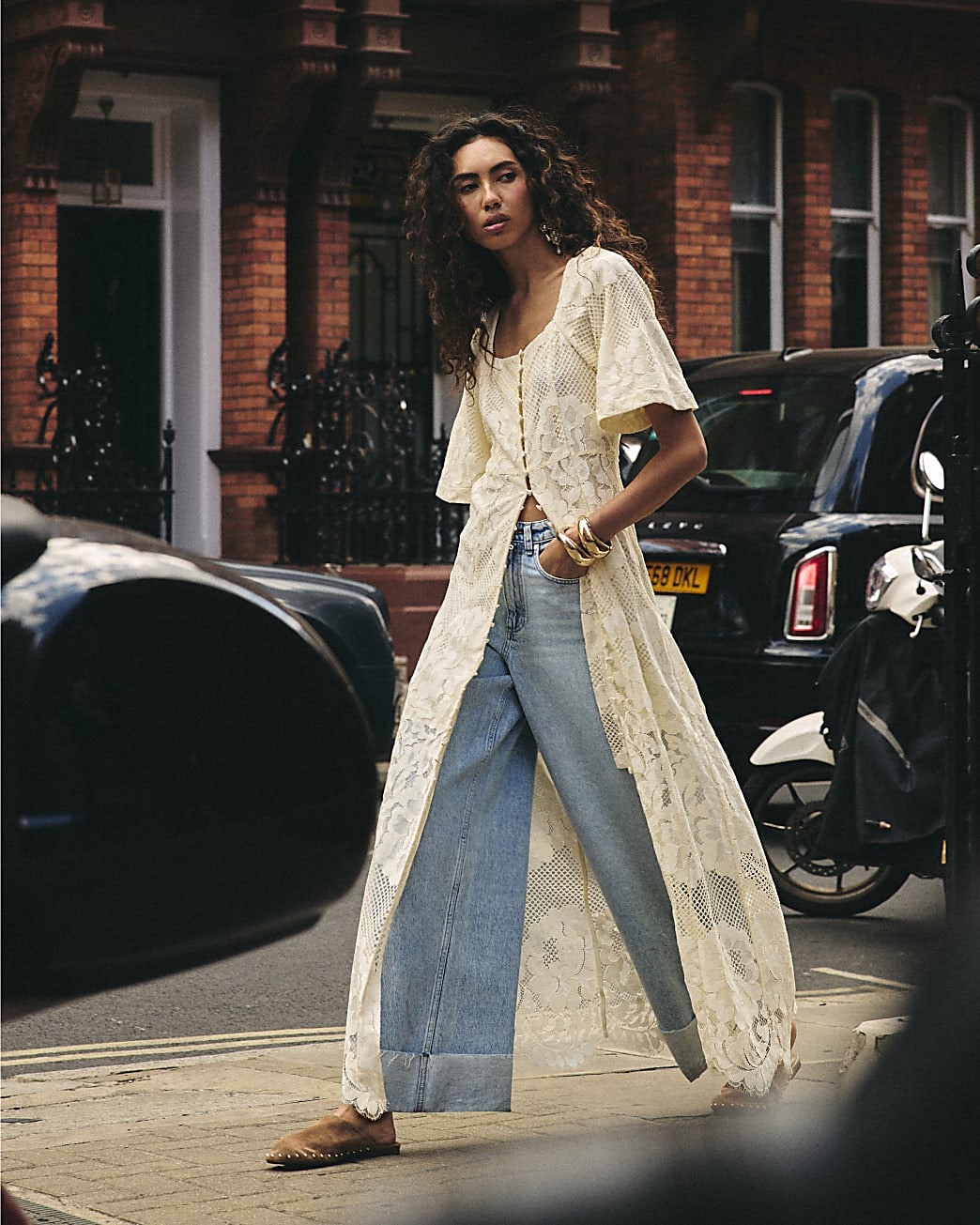 Womens Cream Lace Ruffle Maxi Dress