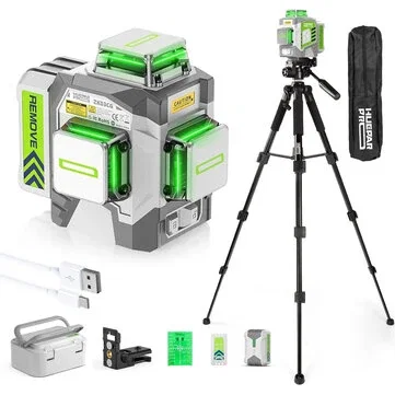 Huepar ZK03CG 3x360° 3D 12Lines Green Laser Level with 50 Inch Tripod Pulse Mode Self-Leveling Rechargeable Power Bank Battery 360°Magnetic Rotation Base for Construction Tile Picture Hanging
