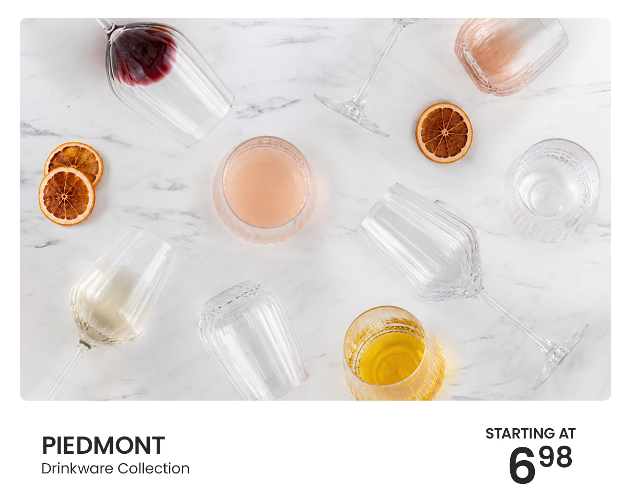 Piedmont drinkware collection featuring textured wine glasses, tumblers, and stemware.
