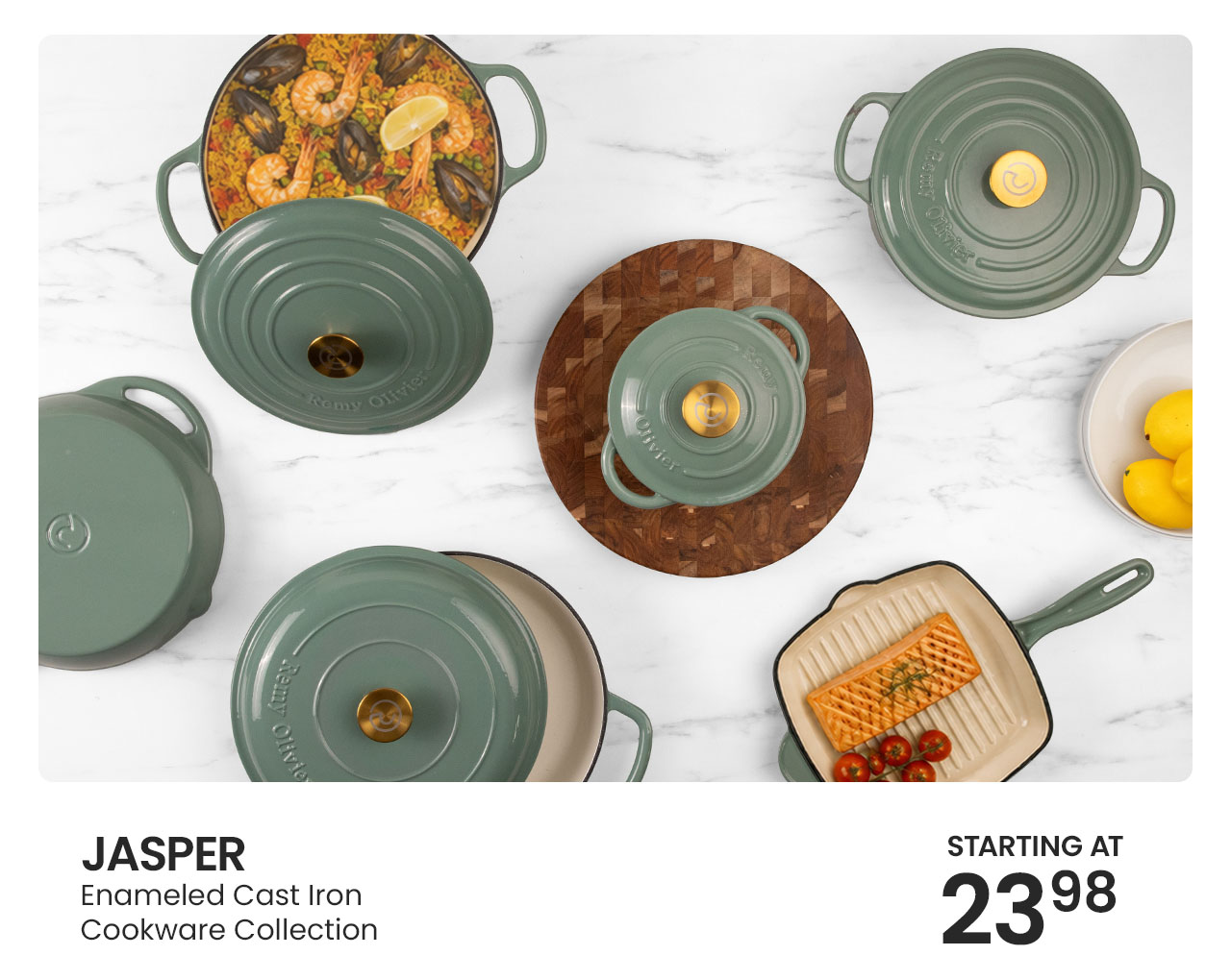Jasper enameled cast iron cookware collection in sage green.