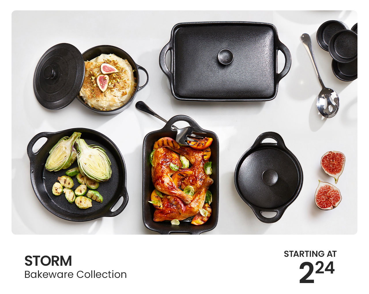 Storm bakeware collection featuring cast iron casserole dishes, skillets, and roasting pans.