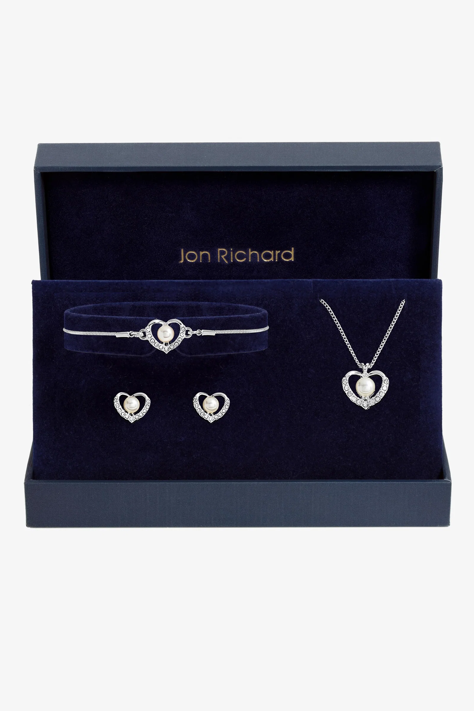 Image of Jon Richard Silver Plated Pearl And Crystal Heart Trio Set - Gift Boxed