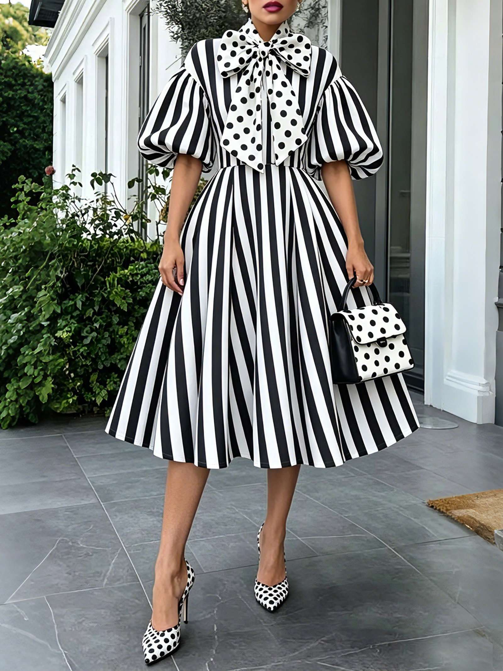 Urban Stripe & Polka Dot Regular Fit Midi Dress for Gathering