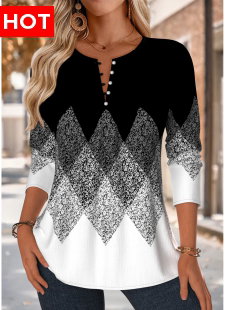 Black Tuck Stitch Geometric Print Long Sleeve Blouse