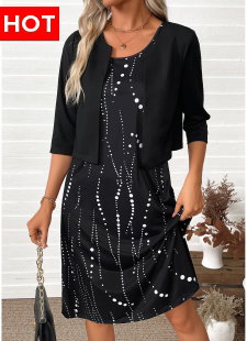 Black Tummy Coverage Polka Dot Dress and Cardigan