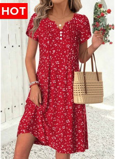 Red Ditsy Floral Print Short Tuck Stitch Dress