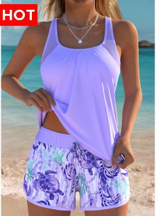 Tummy Coverage Light Purple Marine Life Print Tankini Set