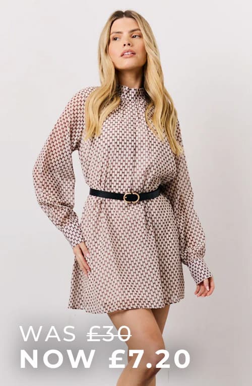 Cream Geometric Print Chiffon High Neck Mini Swing Dress