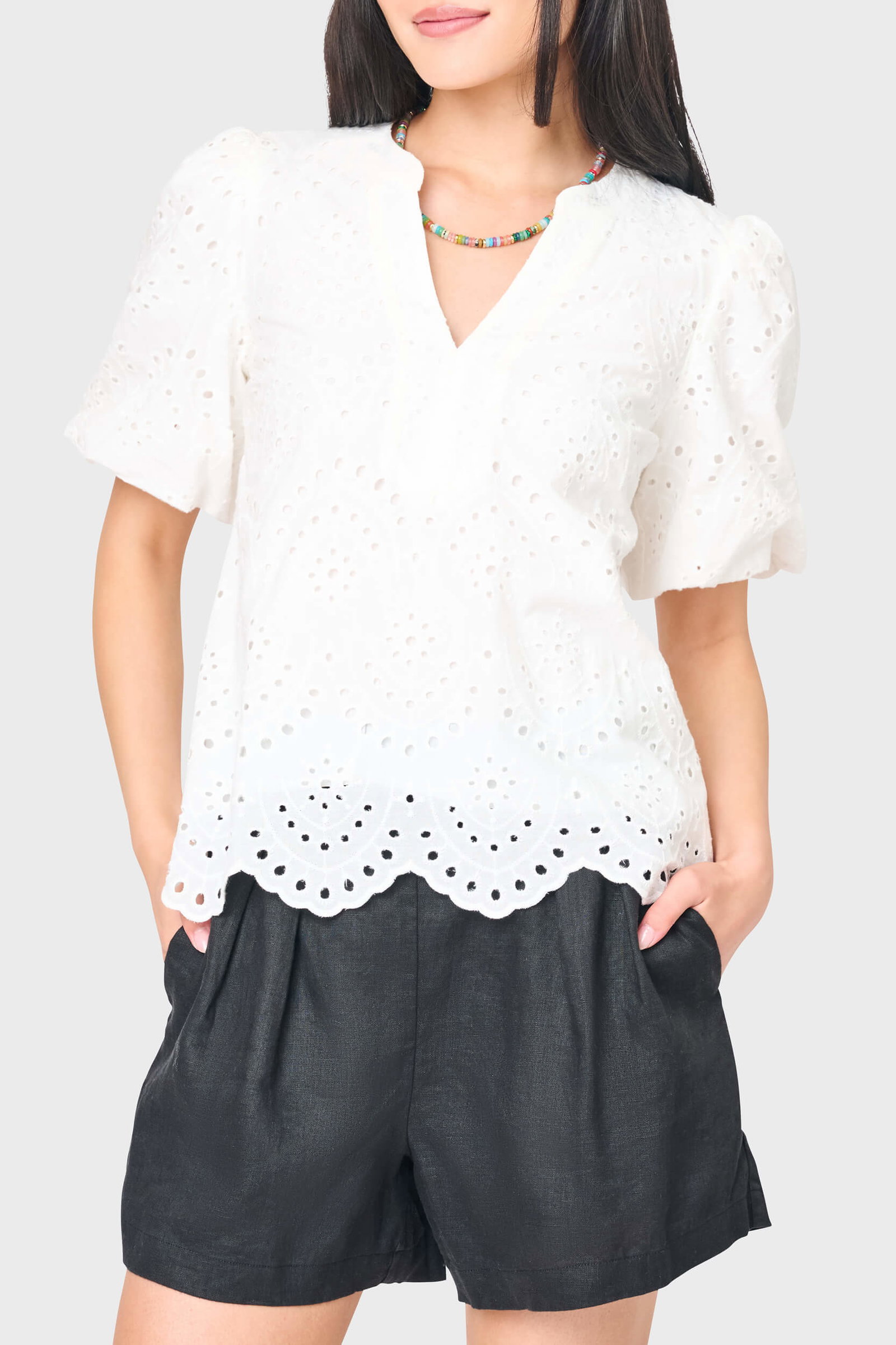 Image of Bubble Sleeve Split Neck Eyelet Top