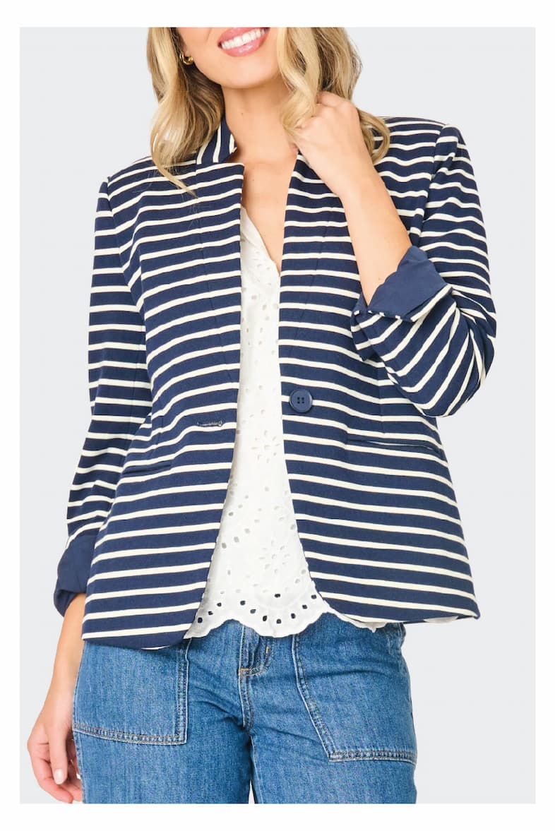 Striped Notch Collar Blazer in Navy Ivory Stripe