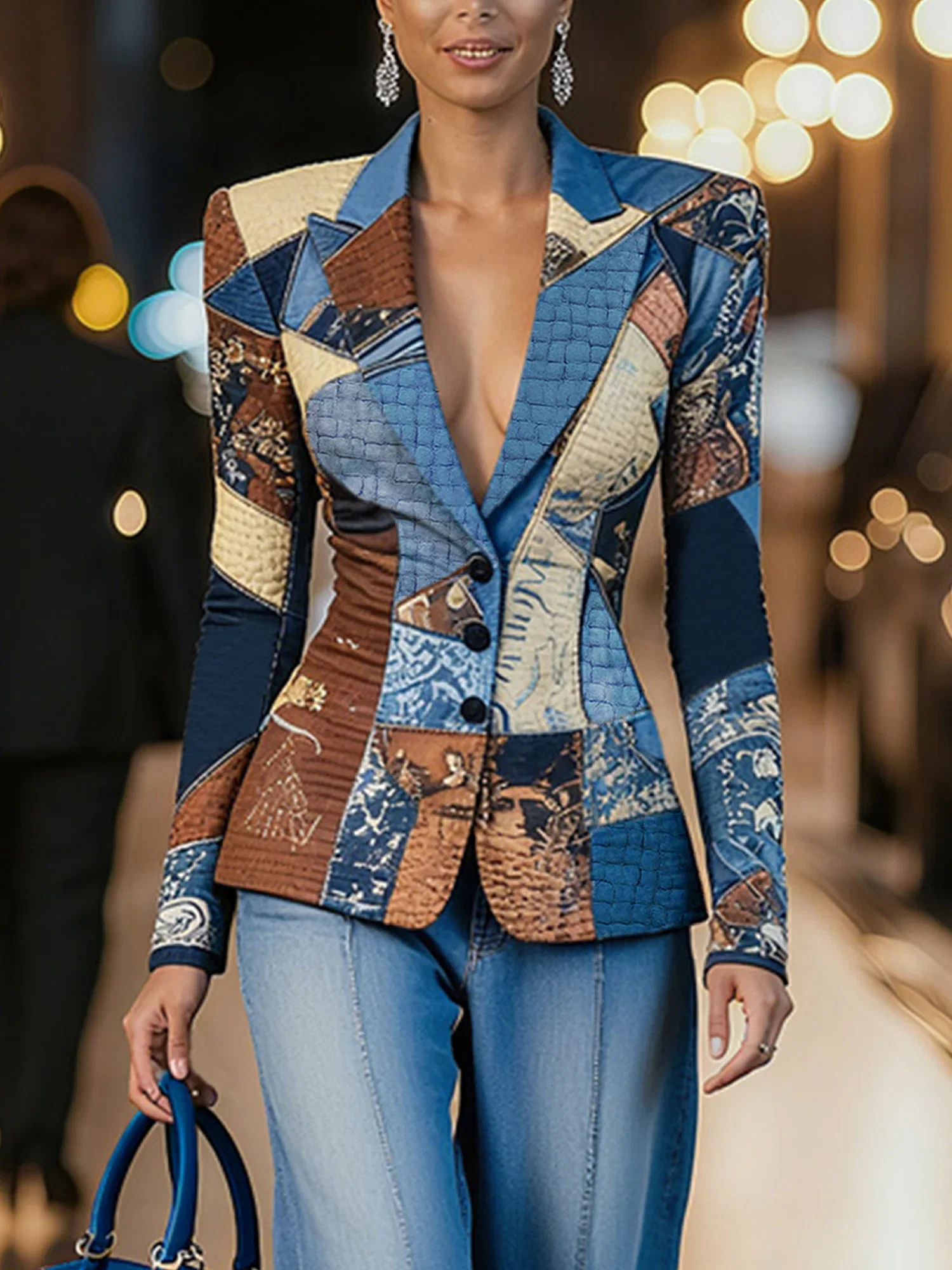 Stylewe Women Casual Natural X-Line Printed Blazer Lapel Collar Daily Spring