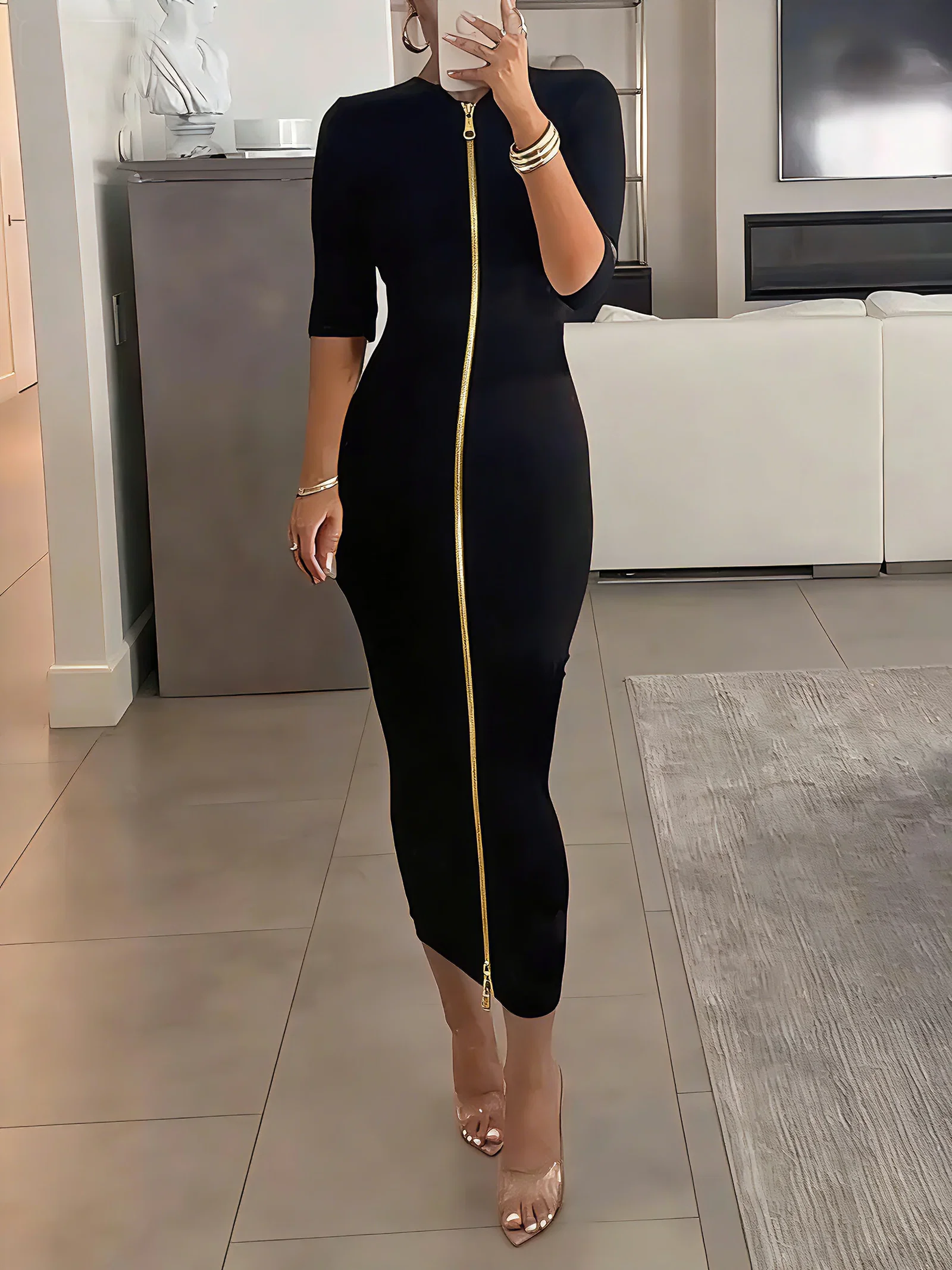 Elegant Solid Slim Fit Midi Dress