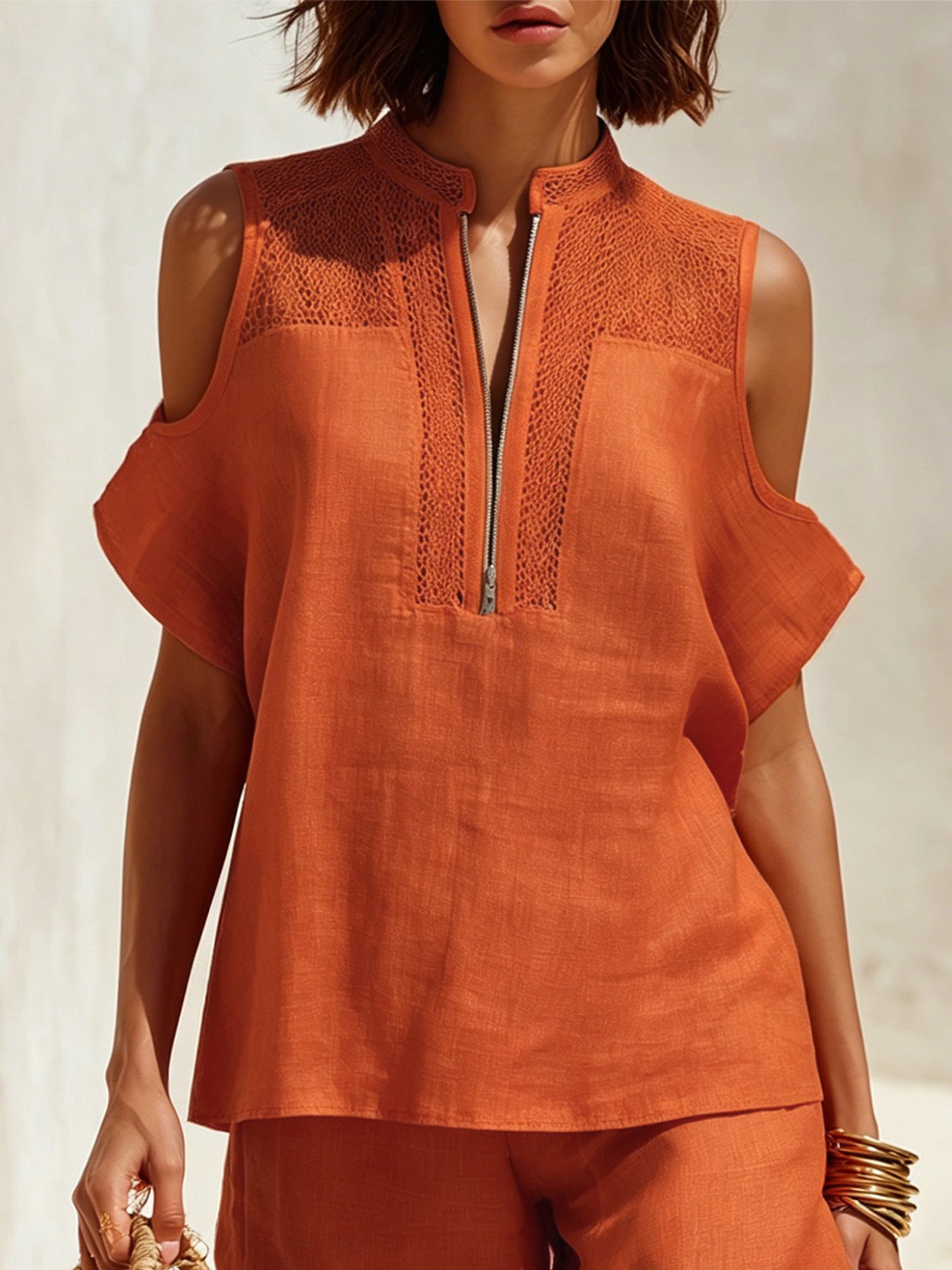 Cotton Casual Plain Zipper Mock Neck Blouse