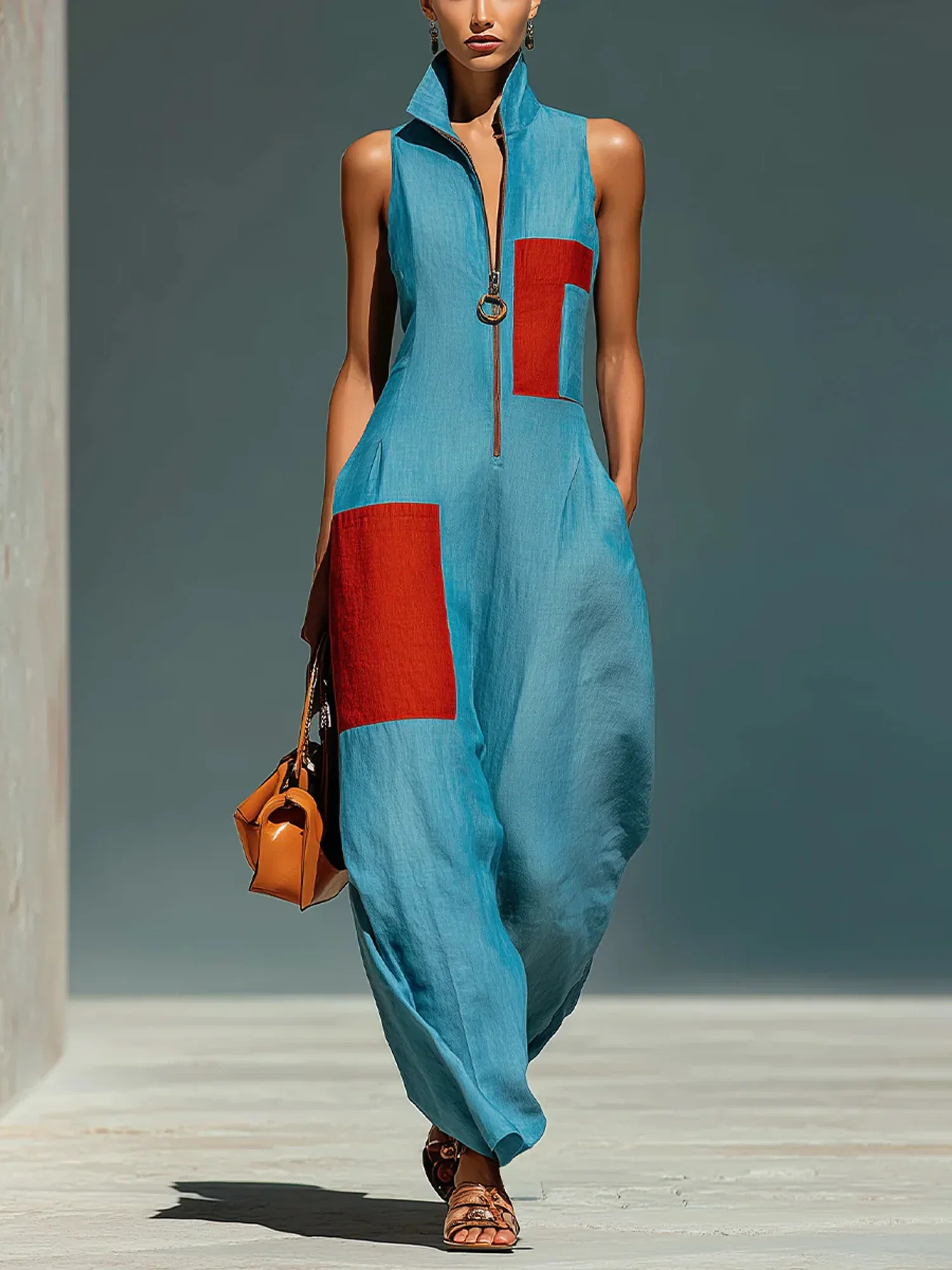 Cotton And Linen Casual Split Joint Color Block Shawl Collar Jumpsuit