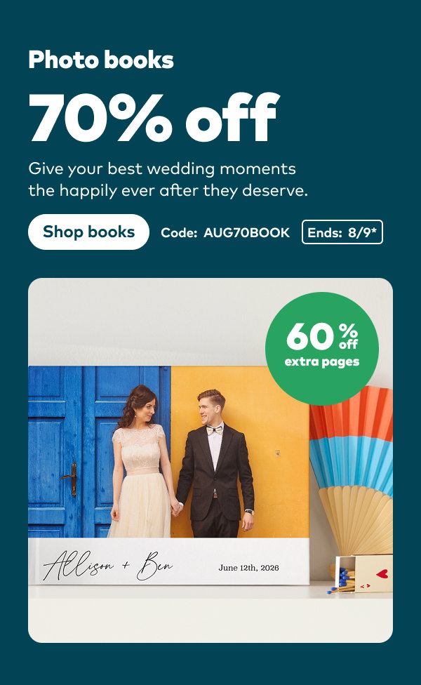 70% off photo books. Code: AUG70BOOK. 60% off extra pages. Ends: 8/9, see site for details. Shop books.
