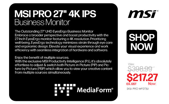 Shop Now MSI PRO 27" 4K IPS Business Monitor (SKU: PRO MP273U) - Was $398.99, Now $217.27 Ex GST
