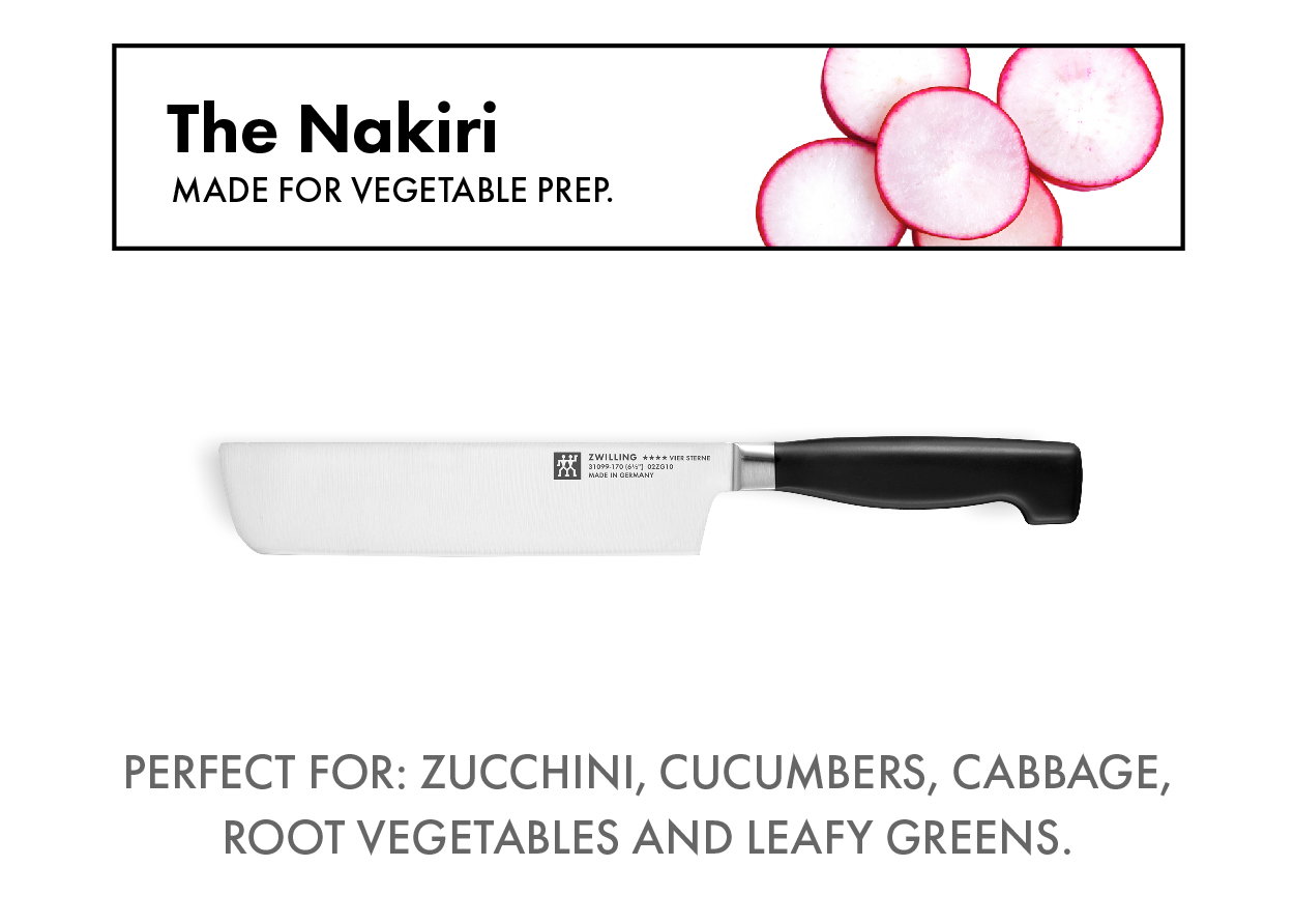 The Nakiri—Perfect for zucchini, cucumbers, cabbage, root vegetables, and leafy greens.