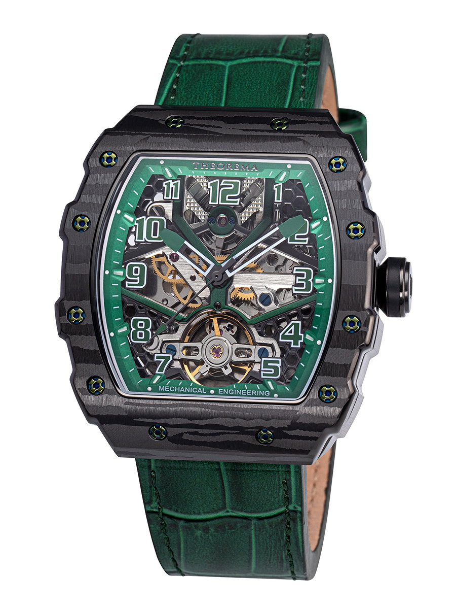 Black case. Green leather band.