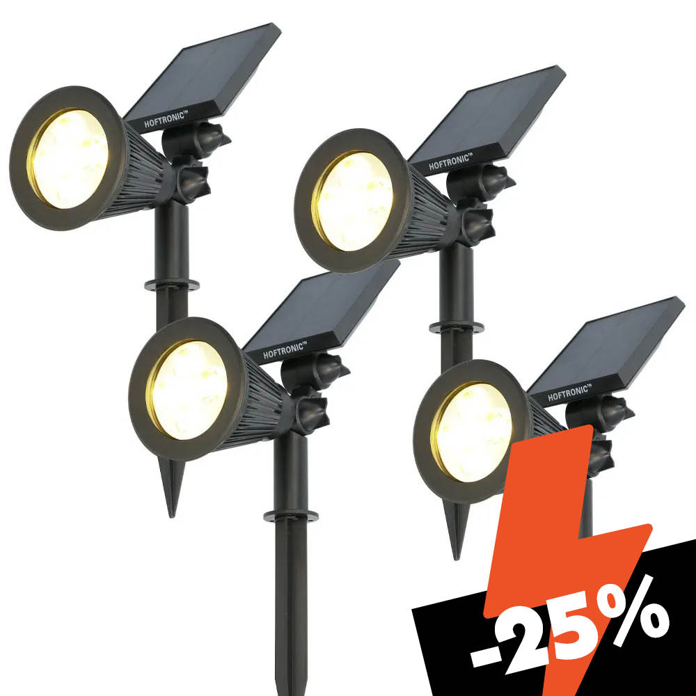 Set of 4 Bend PIR Solar Garden spike lights - Motion sensor and twilight switch - 3000K warm white - 2 light modes - 300 lumens - 6-9 hour battery life - IP65 waterproof