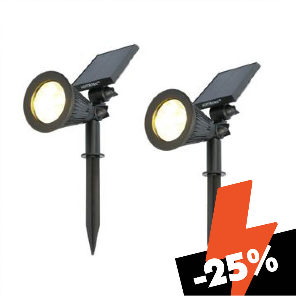 Set of 2 Bend PIR Solar Garden spike lights - Motion sensor and twilight switch - 3000K warm white - 2 light modes - 300 lumens - 6-9 hour battery life - IP65 waterproof