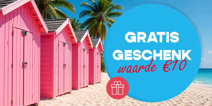 Row of pink beach huts by palm trees on a sandy shore with ocean and a blue badge reading 'Free gift worth €10'